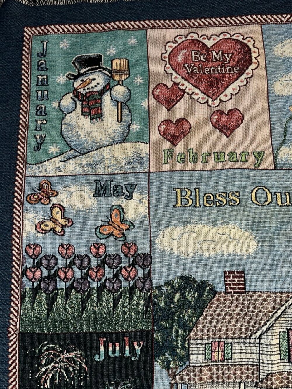 VTG Bless Our Home Calendar Months Tapestry Throw Blanket 51x60" seasons woven - Picture 2 of 7
